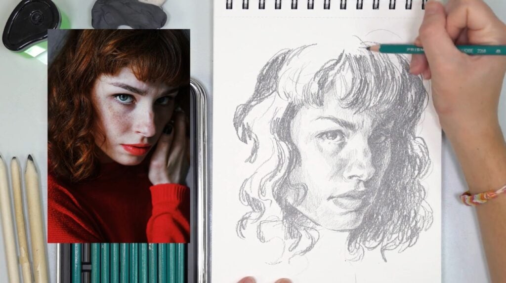 A person using a pencil to draw a portrait of a woman with bangs and curly hair. The reference photo of the woman is visible to the left.