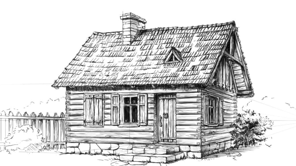 A detailed pen illustration of a log cabin with a stone foundation, peaked roof and chimney.
