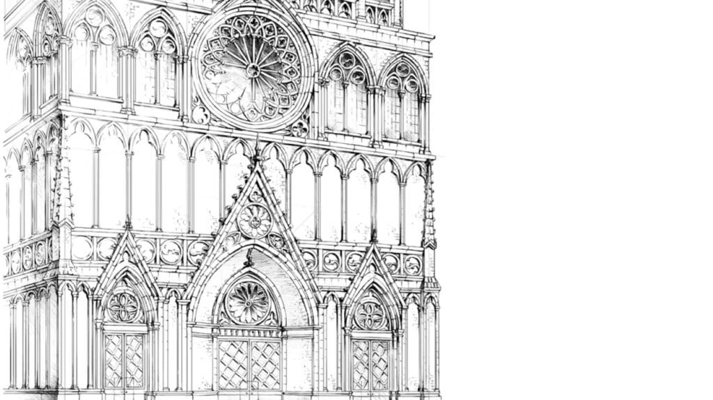 An intricate black and white drawing of the front facade of a Gothic cathedral.