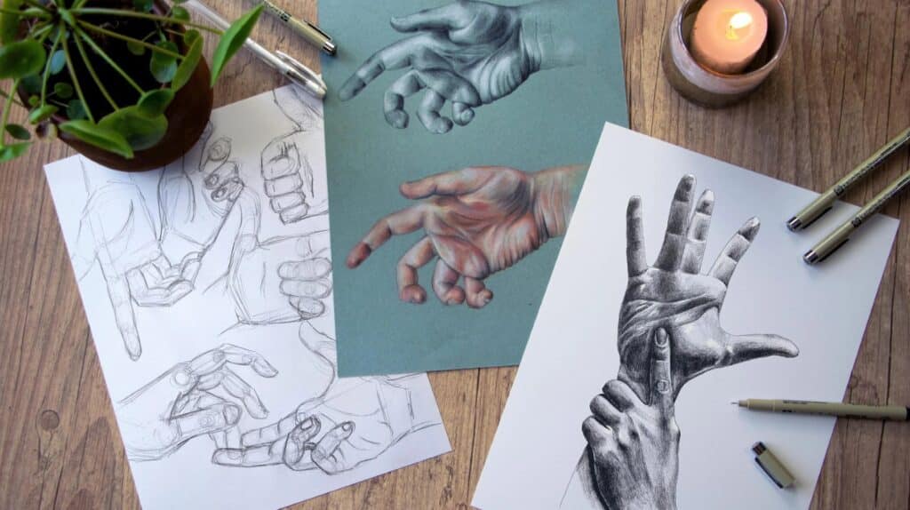 Several realistic drawings of human hands laying on a brown wooden tabletop.