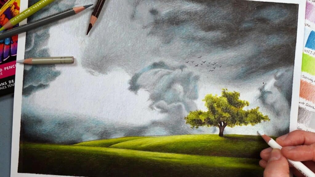 A person’s hand using a colored pencil to put the finishing touches on an illustration of a tree in a green field underneath a stormy sky.