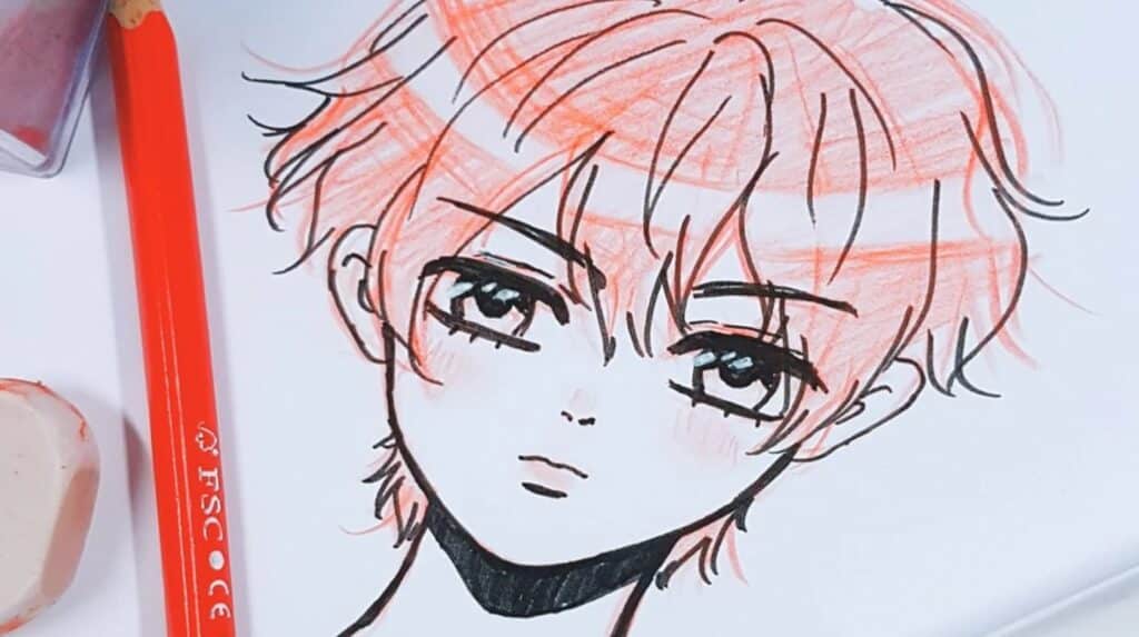 An anime-style portrait of a man with messy hair on white paper.