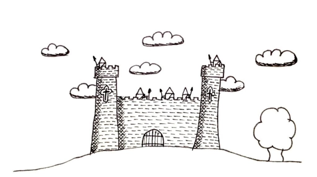 A simple black and white pen illustration of two medieval towers with a gate between them.