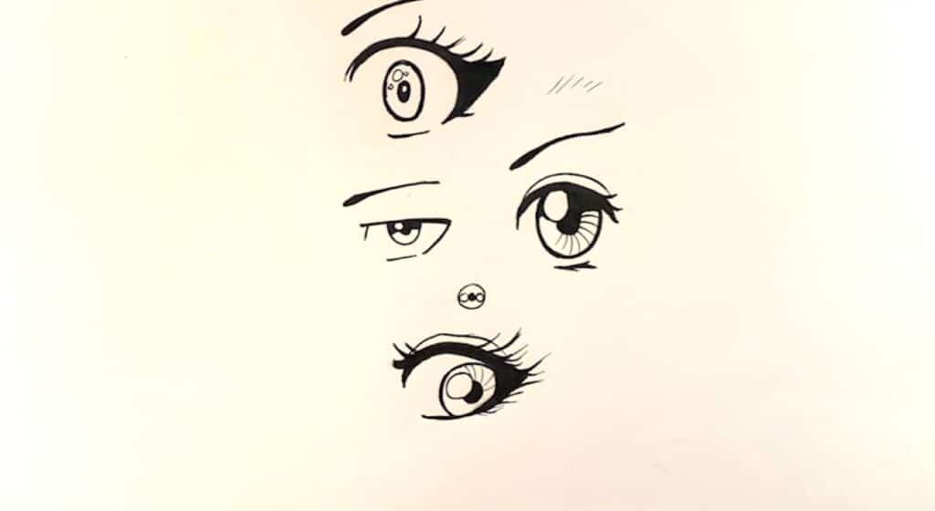 Several anime-style eyes drawn in black ink on a white background.
