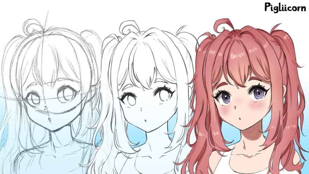 An anime-style portrait of a woman with red hair wearing a white tank top. On the left is the pencil sketch of the portrait, in the middle is a more refined version and on the right is the full-color finished portrait.