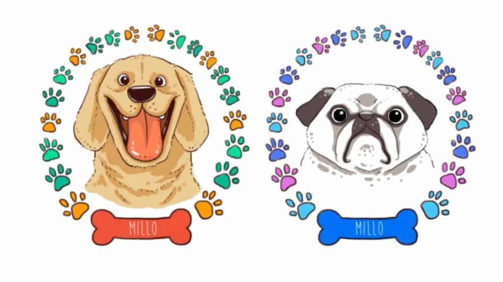 Two cartoon portraits of dogs, with a golden retriever on the left and a pug on the right.