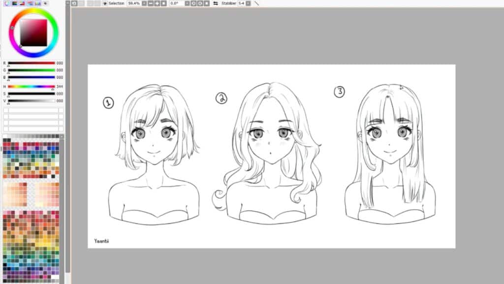 Three anime-style portraits of a woman side-by-side in digital illustration software. Each one features a different hairstyle.