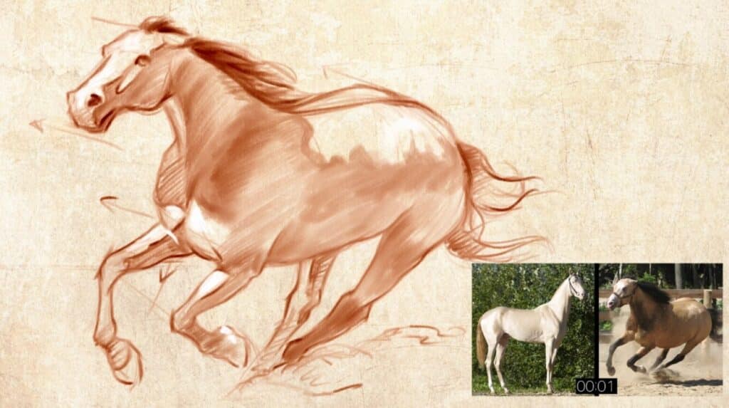A digital illustration of a horse done in a terracotta color against a light brown background. Two reference photos of horses are visible in the lower right corner.