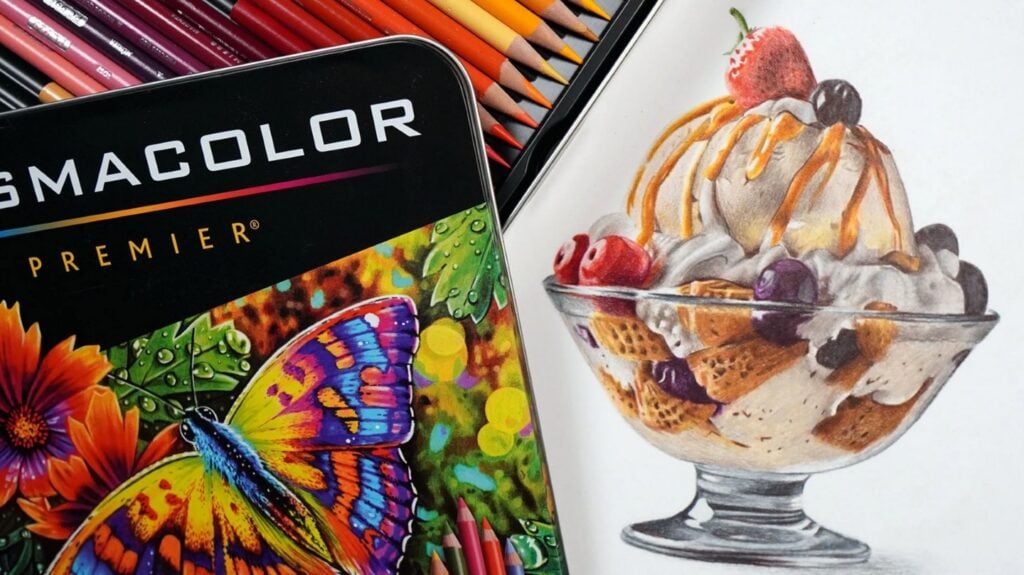 A photorealistic colored pencil drawing of an ice cream sundae in a glass dish. The colored pencils used to create the drawing are visible on the left.