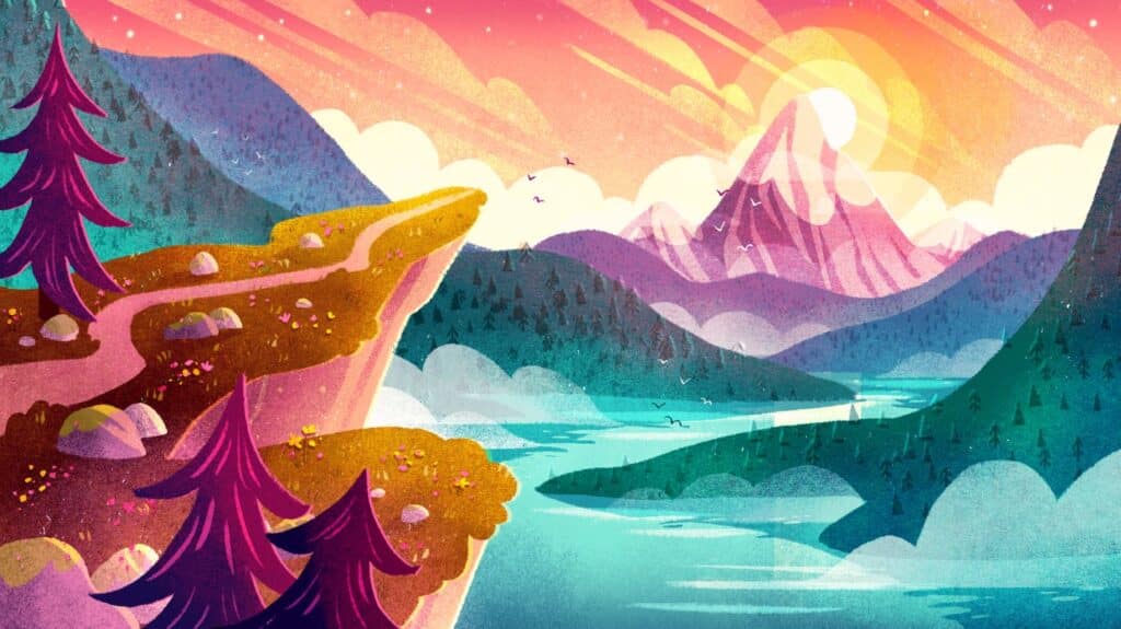 A colorful digital illustration of a mountain lake with birds flying over it. The sun is setting in the background.