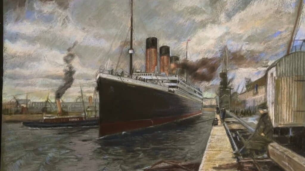 An impressionist-style drawing of the Titanic ship next to a dock. A person in the foreground is turning their head to look at the ship.