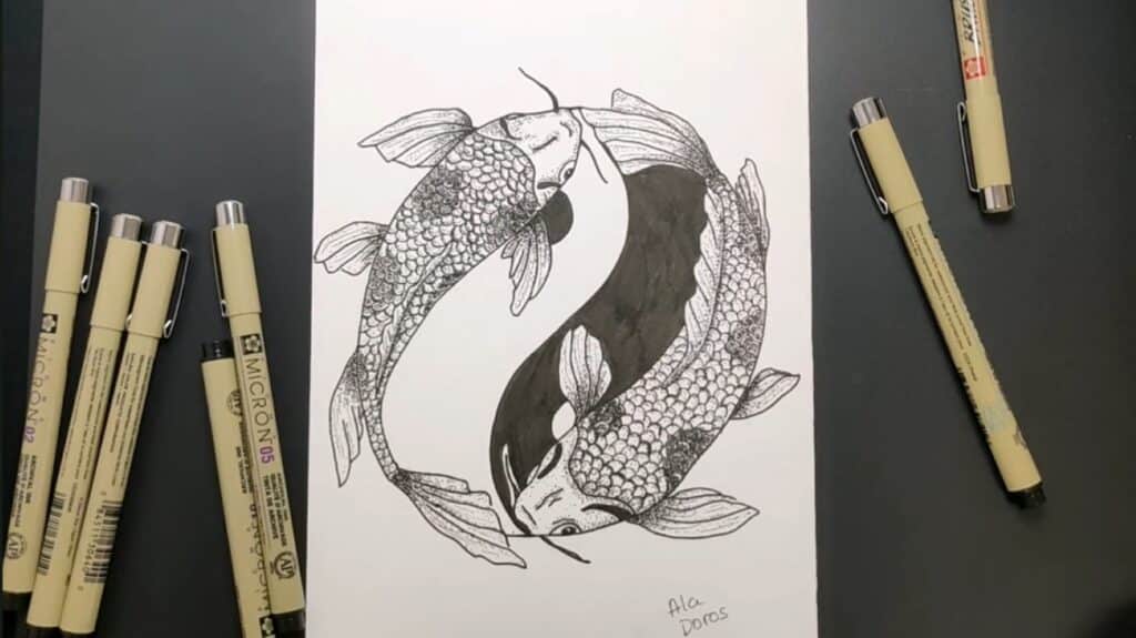 A black and white pen drawing of two koi fish swimming around each other to form a yin and yang symbol.