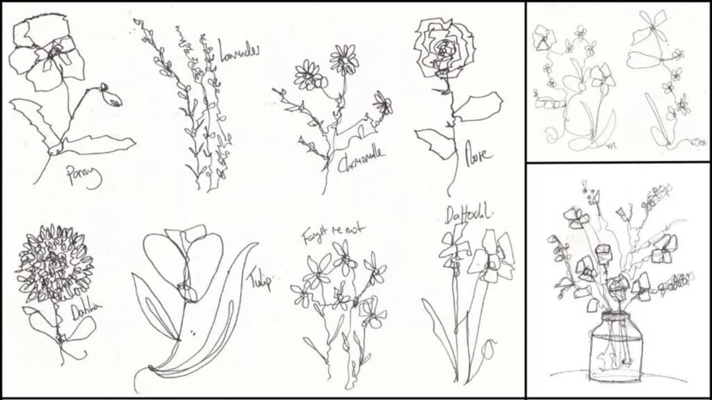 A variety of one-line flower doodles arranged in a grid on a white background.
