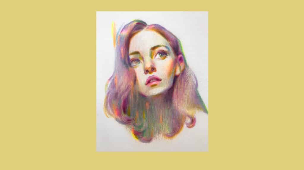 A colorful portrait of a woman with wavy hair on white paper against a yellow background. The portrait utilizes shades of pink, green and orange.