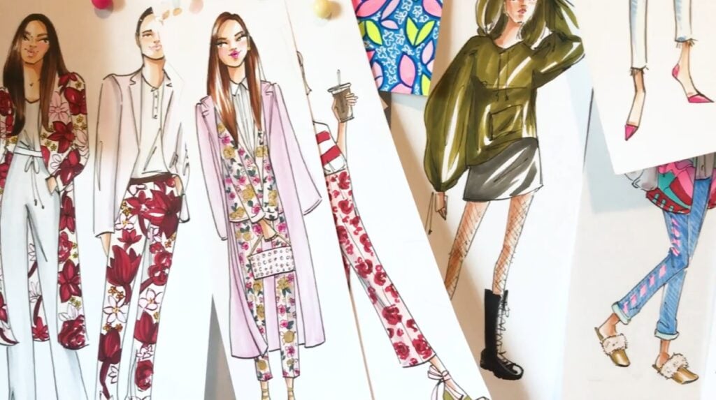 Colorful fashion illustrations of models wearing several different outfits, including one in a floral suit and pink overcoat.