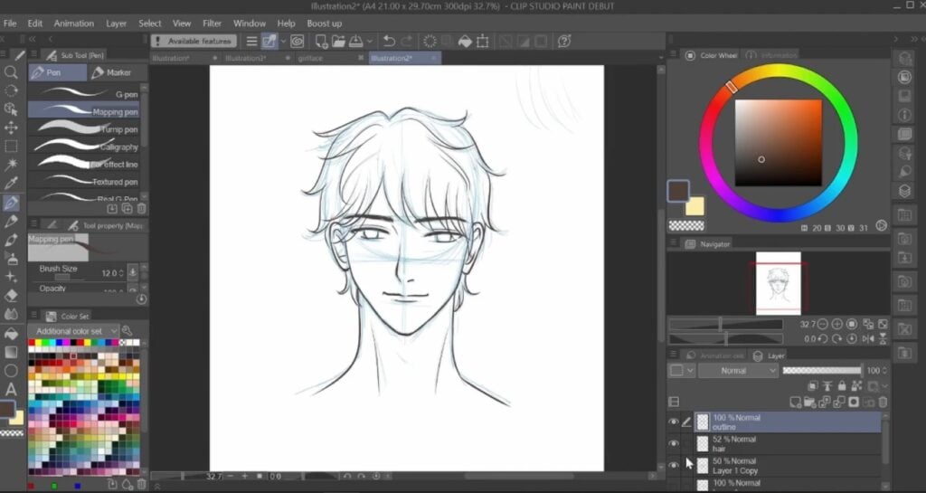 Digital illustration software displaying an anime-style sketch of a man’s portrait on a white background.