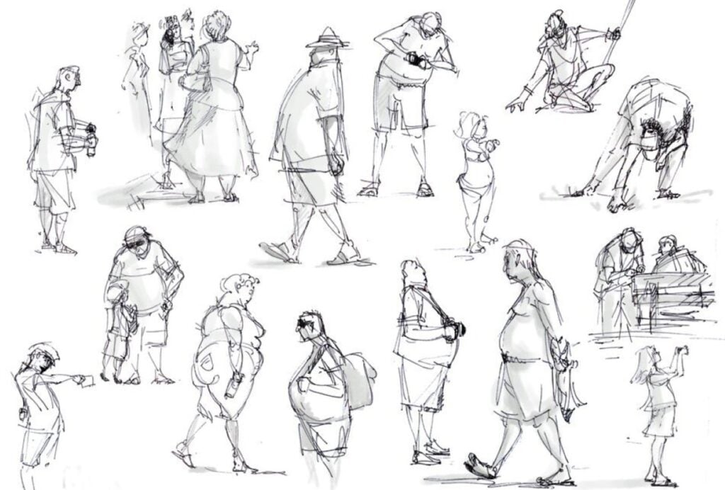 Several black and white drawings of people doing various activities arranged on a white background.
