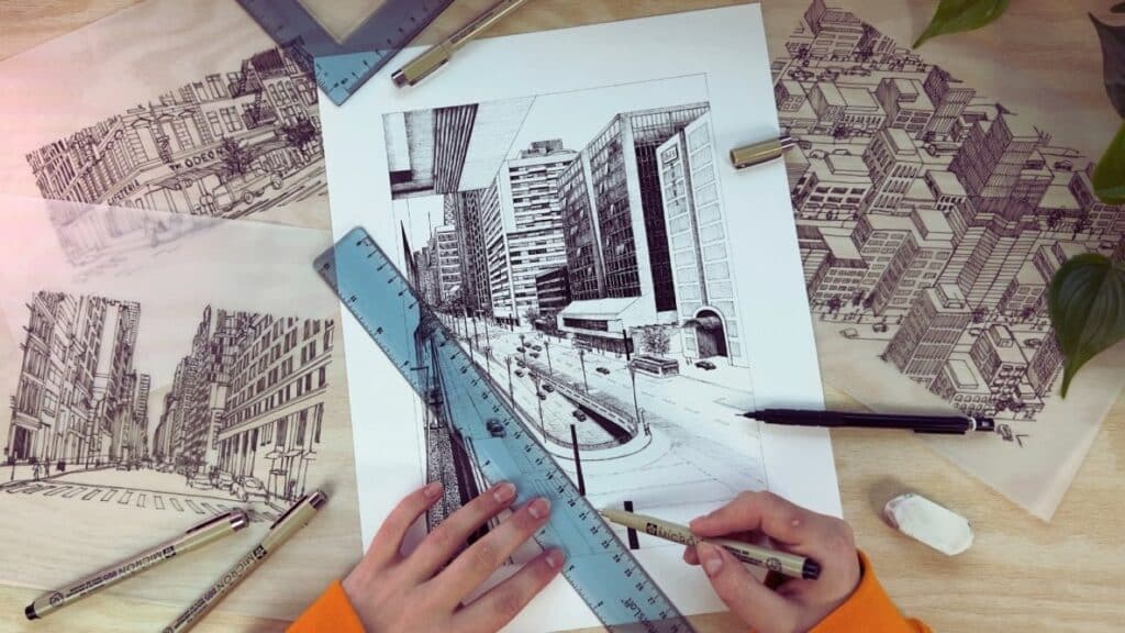 A person using a pen and a ruler to create a detailed and realistic drawing of city buildings next to a busy road on white paper.