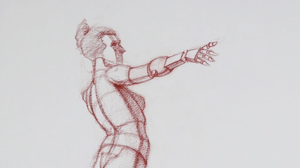 A realistically shaped pencil drawing of a human figure, drawn in red pencil against a white background.