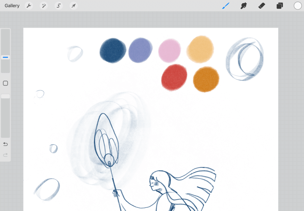 Screenshot of a sketched drawing in Procreate, featuring colored swatches in blue, purple, pink, yellow, red, and orange