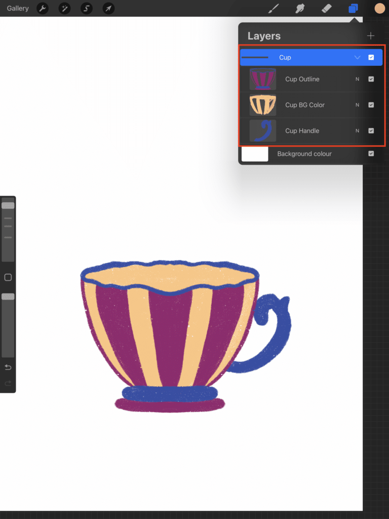 Screenshot of the Procreate app featuring a bold striped teacup and the layers panel showing the cup's outline, background color, and handle