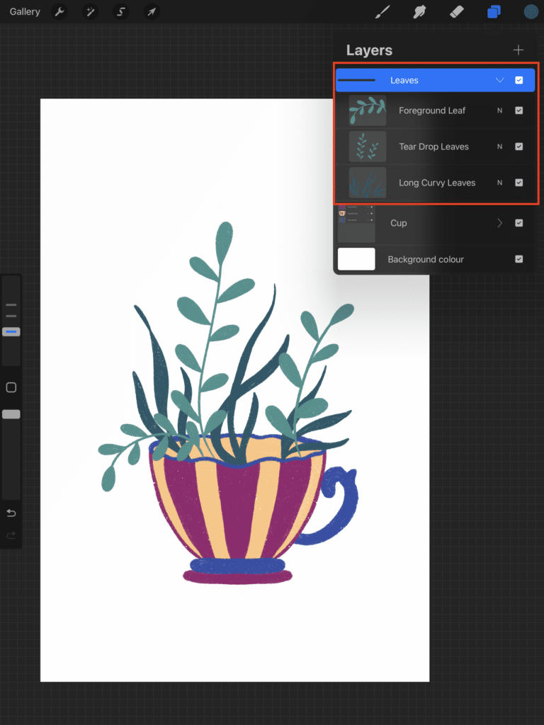 Screenshot of the Procreate app featuring the leaves layer panel