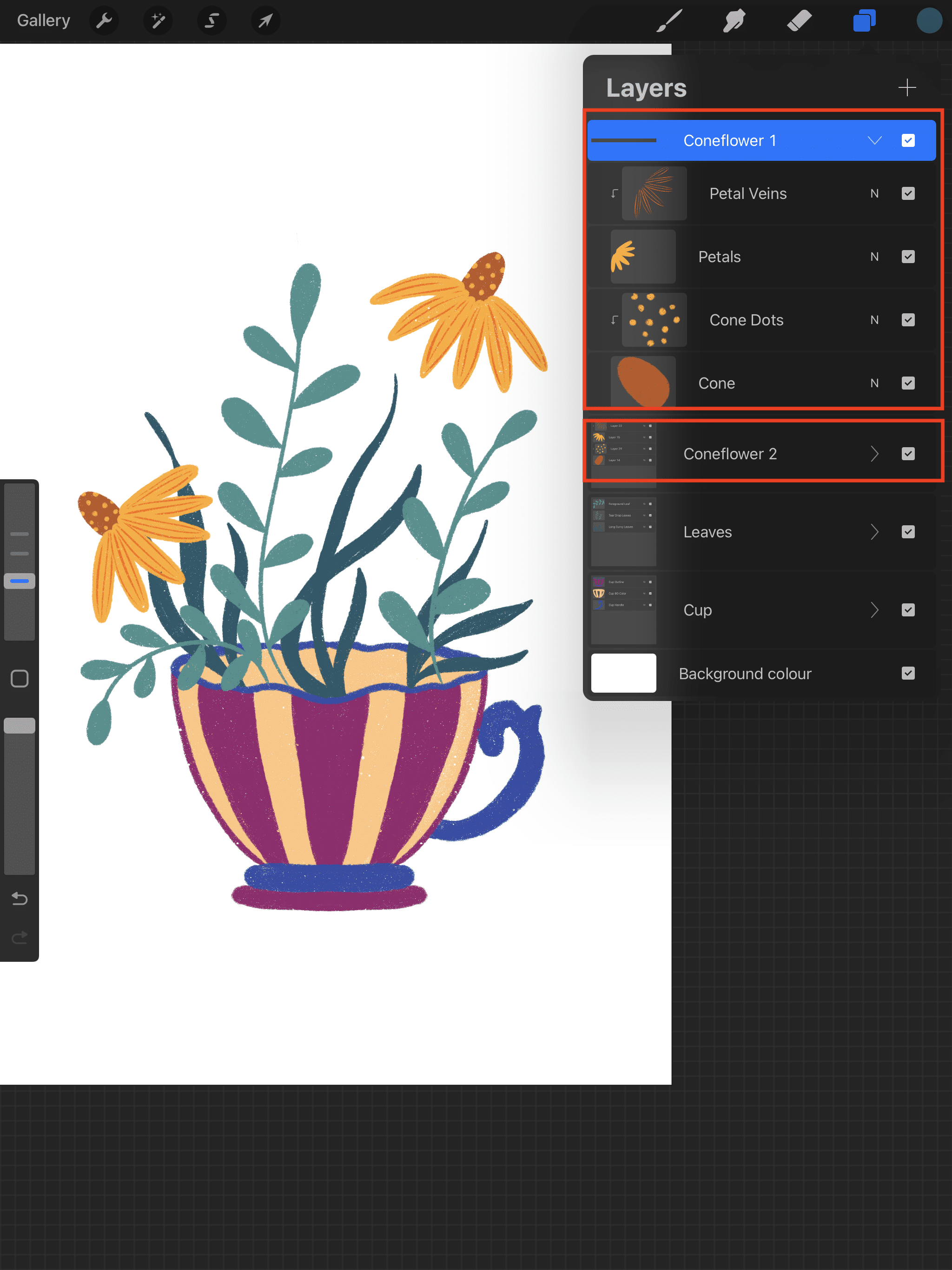 Screenshot of the Procreate app featuring the layers panel showing multiple coneflowers, leaves, and the base teacup illustration holding the bouquet