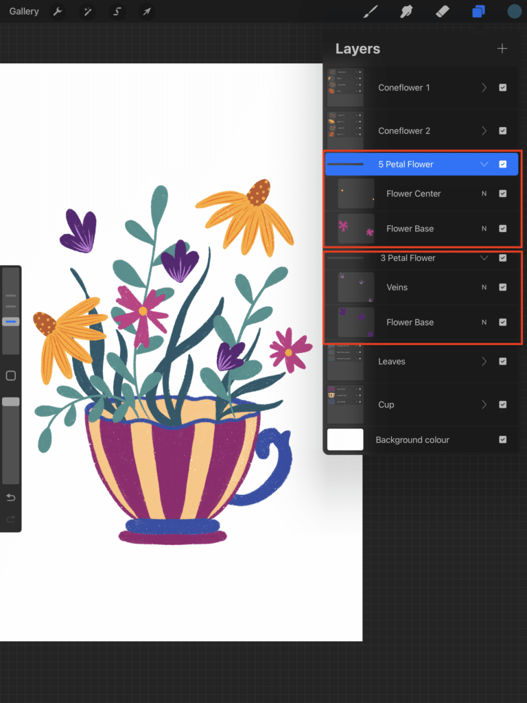 Screenshot of the Procreate app featuring the layers panel showing multiple flower layers, plus leaves and a teacup illustration
