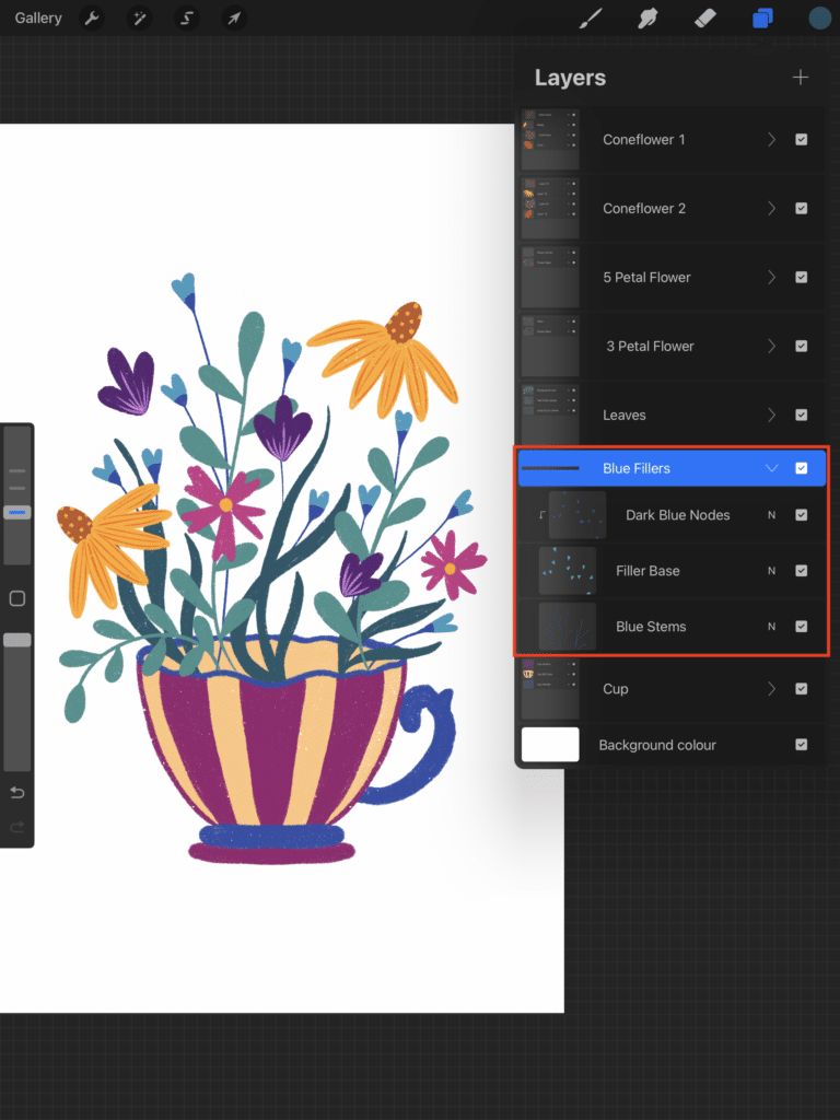 Screenshot of the Procreate app featuring the layers panel showing multiple flower layers, plus leaves and a teacup illustration