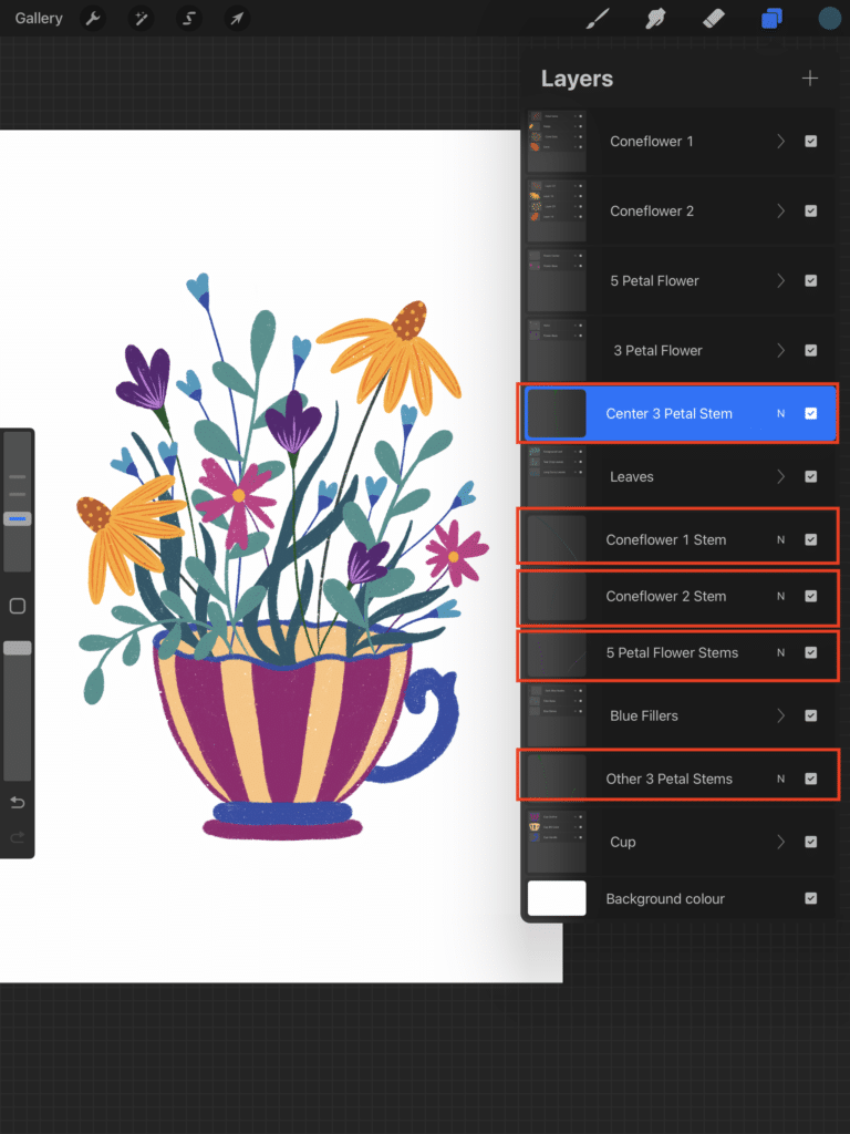 Screenshot of the Procreate app featuring the layers panel showing multiple flower layers, plus leaves and a teacup illustration