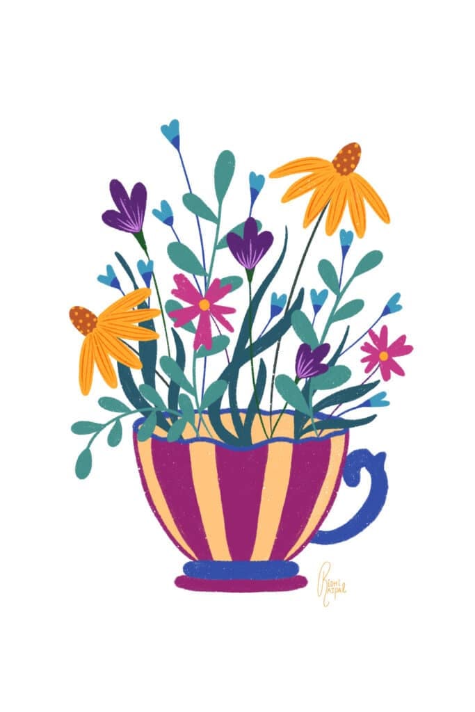 Illustration of a colorful bouquet of wildflowers inside a teacup