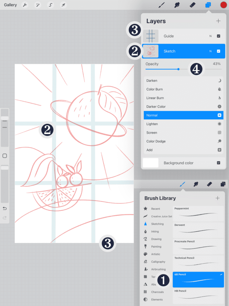 Screenshot of the Procreate app featuring the initial sketches of the orange illustrations and windows showing the Layers and Brush Library panels