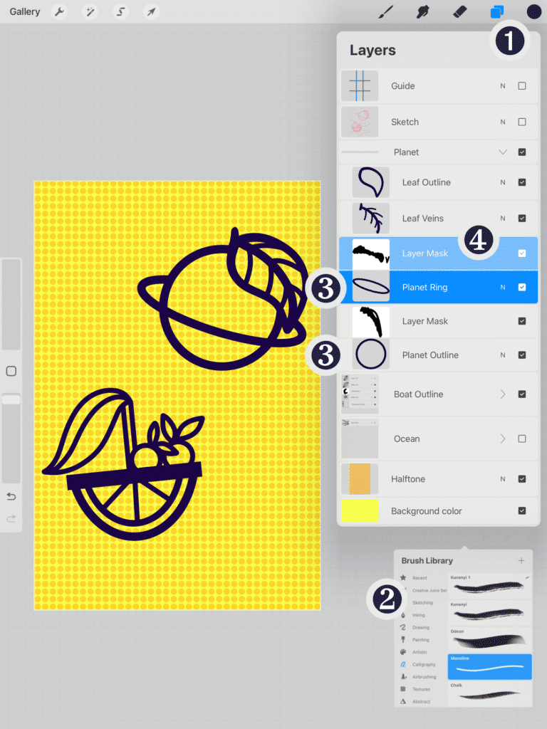 Screenshot of the Procreate app featuring the initial sketches of the orange illustrations over a vivid yellow half-tone background and windows showing the Layers and Brush Library panels
