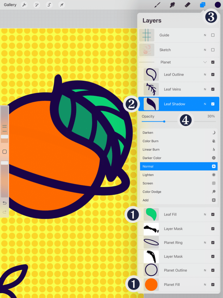 Screenshot of the Procreate app zoomed in on details of the orange illustration and its leaf outline, veins, and shadow layers open in the Layers panel