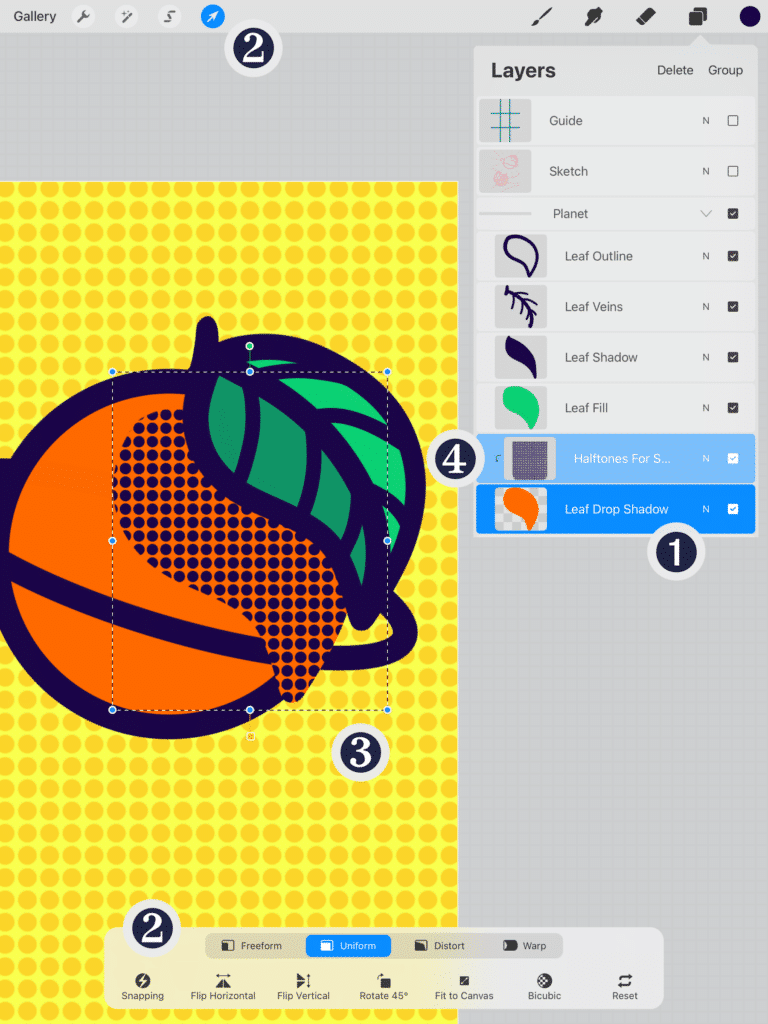 Screenshot of the Procreate app zoomed in on details of the orange illustration and its leaf outline, veins, and shadow layers open in the Layers panel