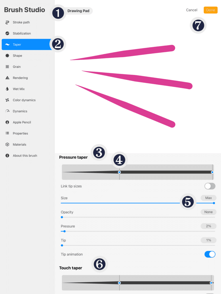 Screenshot of the Procreate app showing the Brush Studio options, including pressure taper and touch taper panels