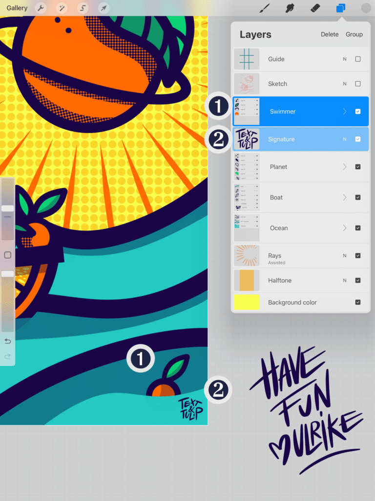 Screenshot of the Procreate app showing additional details for the final illustration in the Layers panel