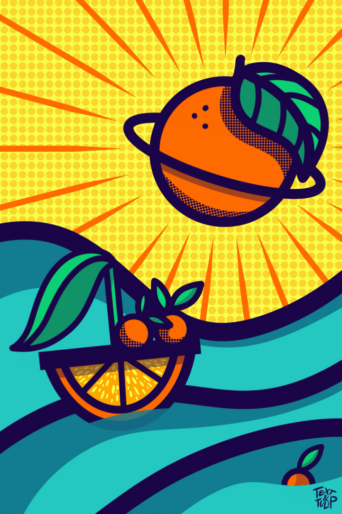 Poster illustration featuring vibrant orange elements on a yellow half-tone background in a playful comic book style