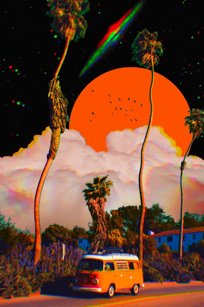 Poster art of a Volkswagen van in a surrealist style, featuring palm trees, an exaggerated orange moon, and vivid color saturation
