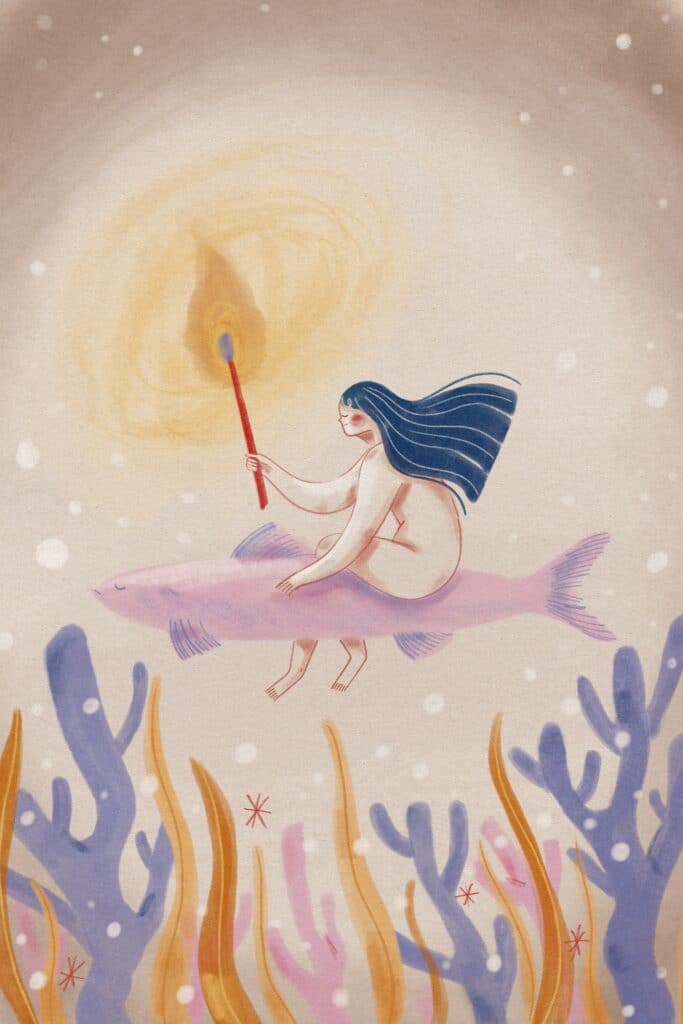 Procreate illustration of a whimsical dreamscape featuring a girl, riding a fish, holding a giant lit match