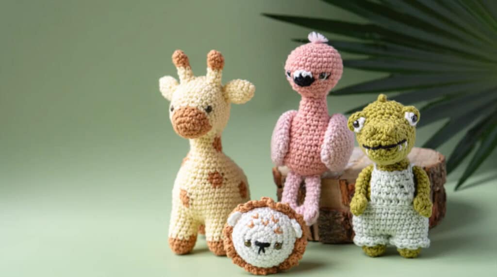 An amigurumi giraffe, lion, flamingo and crocodile arranged next to each other against a soft green background. 