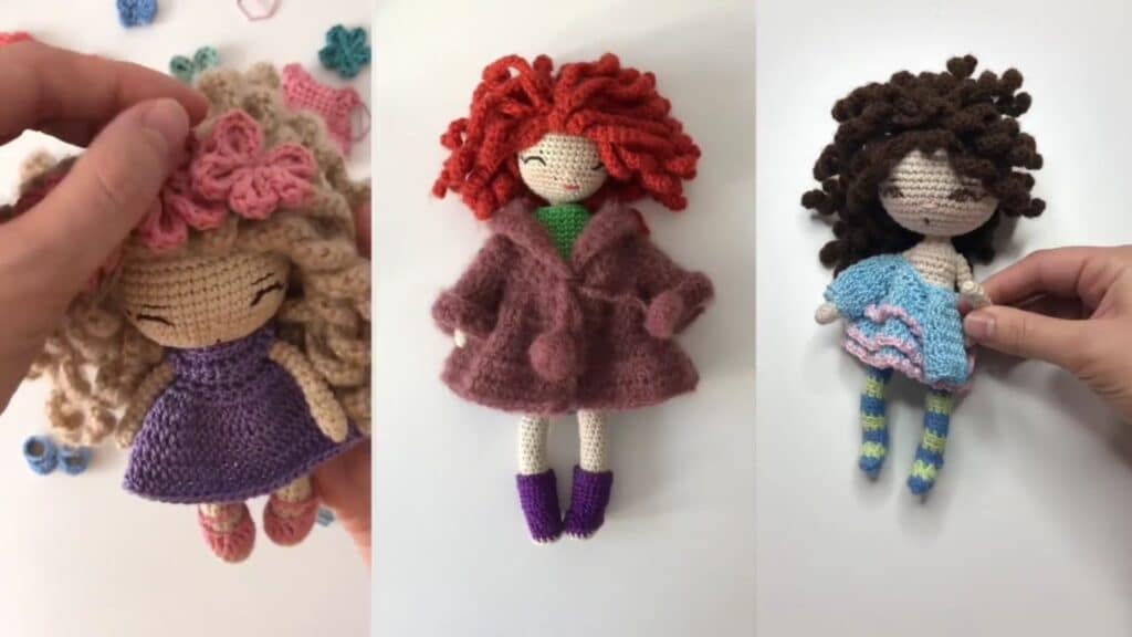 Three panels, each with a crocheted doll; the one on the left with blonde hair, pink flowers and a purple dress, the middle one with red hair and a brown coat, and the one on the right with black hair, a blue dress and green striped stockings
