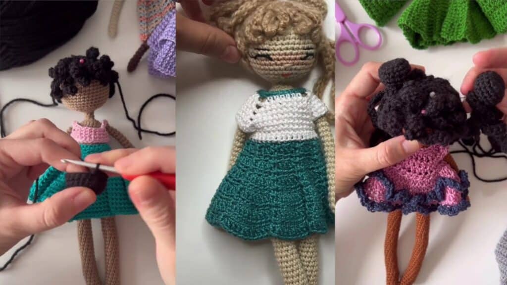 Three panels, each with a crocheted doll; the one on the left black haired with a green and pink dress, the middle one with blonde hair and a green and white dress, and the one on the right with black hair and a pink and purple dress
