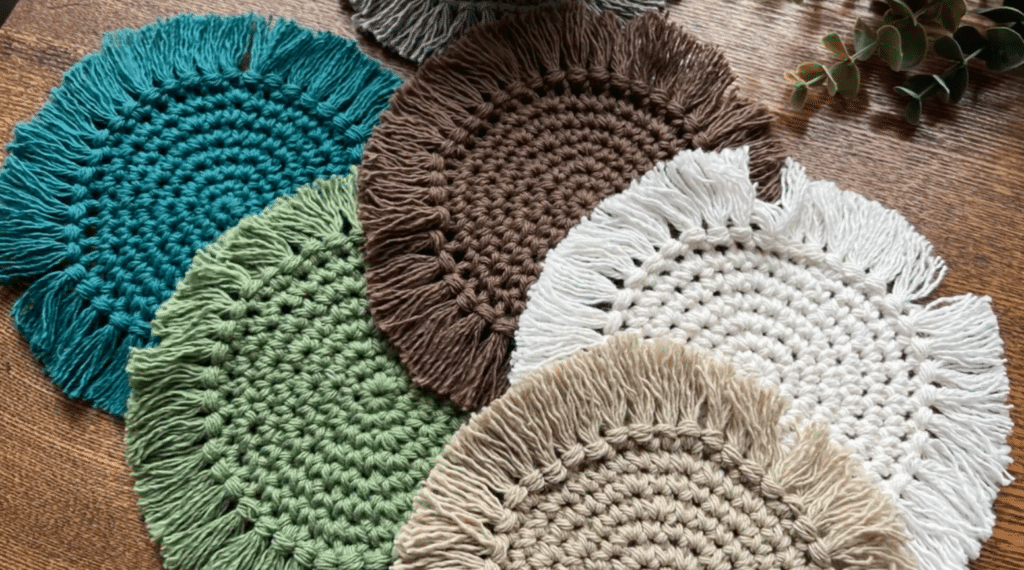 Five crocheted coasters sit on a wooden table. The coasters are blue, brown, green, khaki and white. The outer edge of the coasters feature a short fringe.