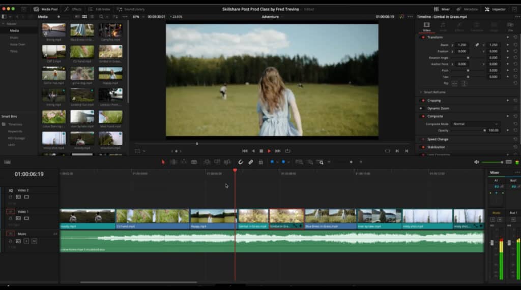 The editing software DaVinci Resolve open on a computer. The user is editing a clip of a woman in a light blue dress running through a green grassy field.