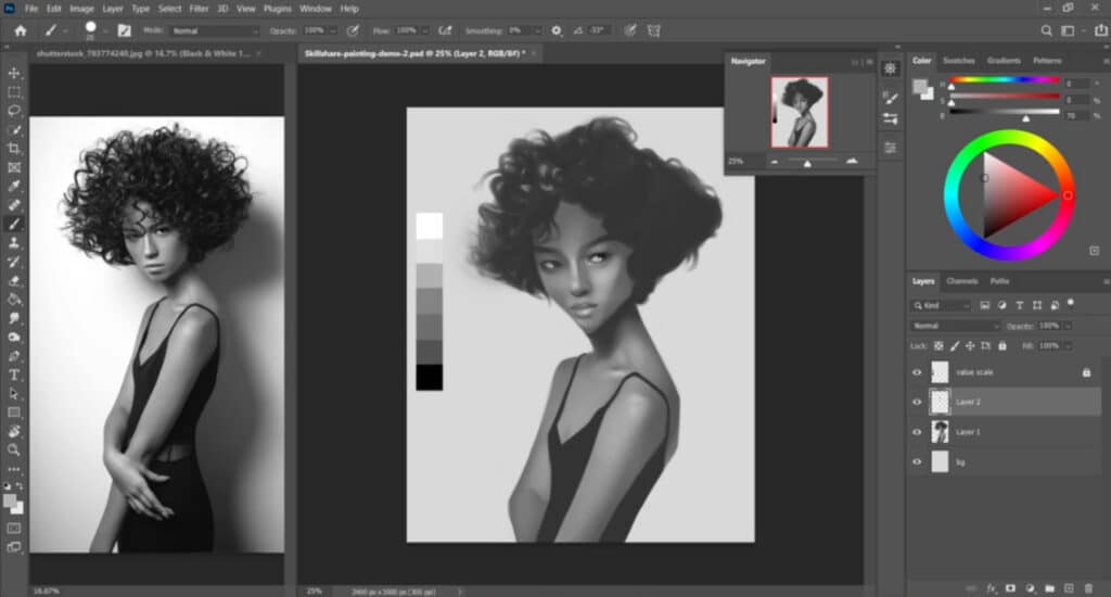 The digital art software Adobe Photoshop is open on a computer. The workspace shows two images: on the left is a black-and-white photo of a woman looking at the camera, and on the right is a digitally painted portrait based on that photo.