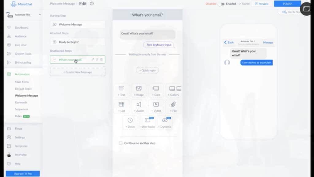 The software Manychat open on a computer screen. The user is using it to create an automated response that says ‘Great! What’s your email?’ when followers send a certain message.