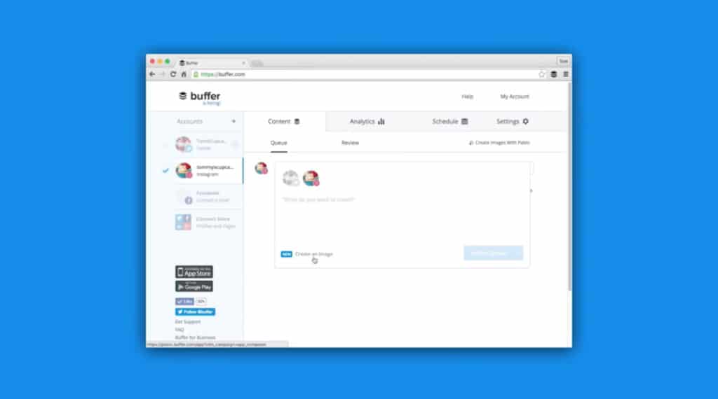 The website Buffer open in a browser. The user is using it to upload a photo to a social media post which can then be posted on Twitter, Instagram and Facebook simultaneously.