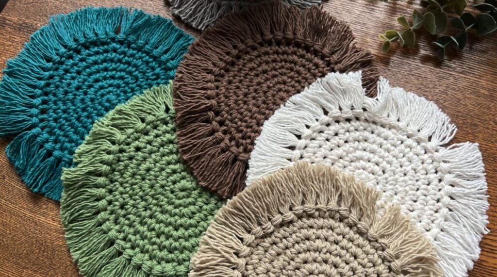 Several round fringed coasters laying on a wooden tabletop. They are made in shades of beige, white, brown, green and blue.