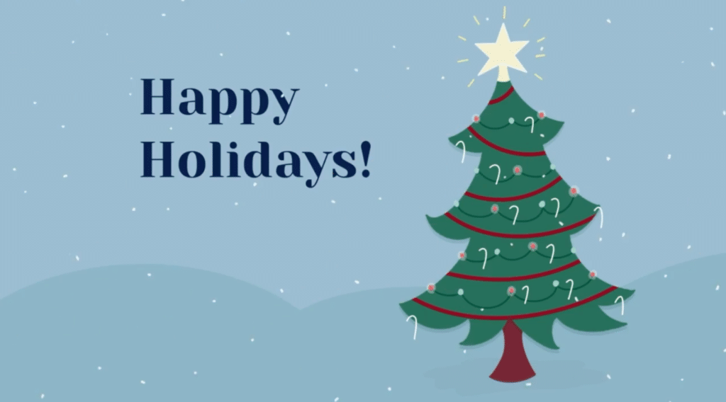 An illustrated Christmas tree topped with a star and dotted with ornaments and candy canes sits on a blue background next to the words “Happy Holidays!”